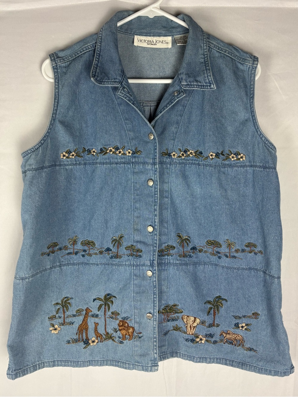 Chambray denim sleeveless Cotton button up jacket vest 1X Safari embroidered